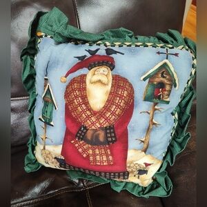 Festive Santa Holiday Pillow with Green Striped  Accents